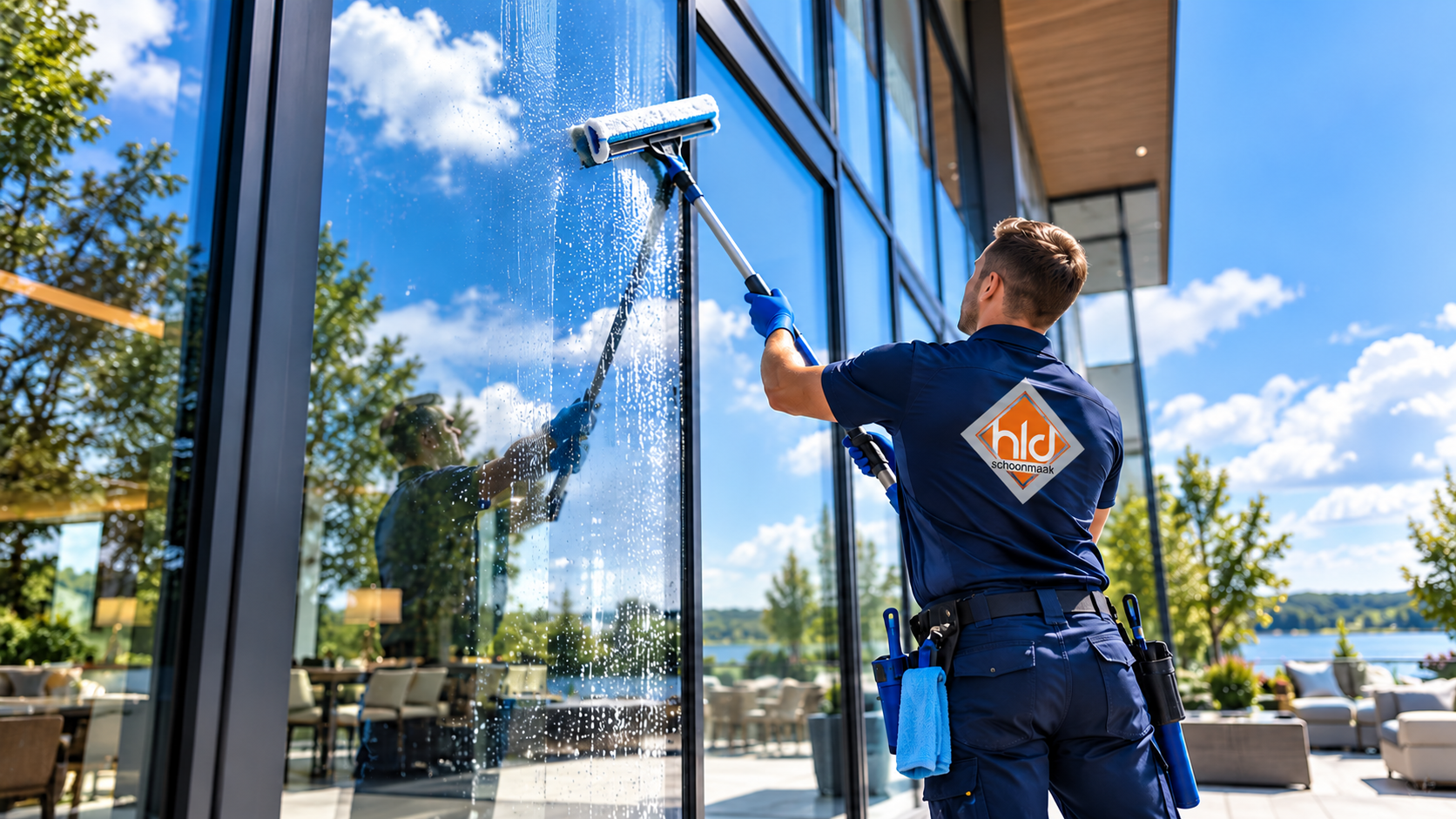Glazenwasser reinigt een glazen gevel