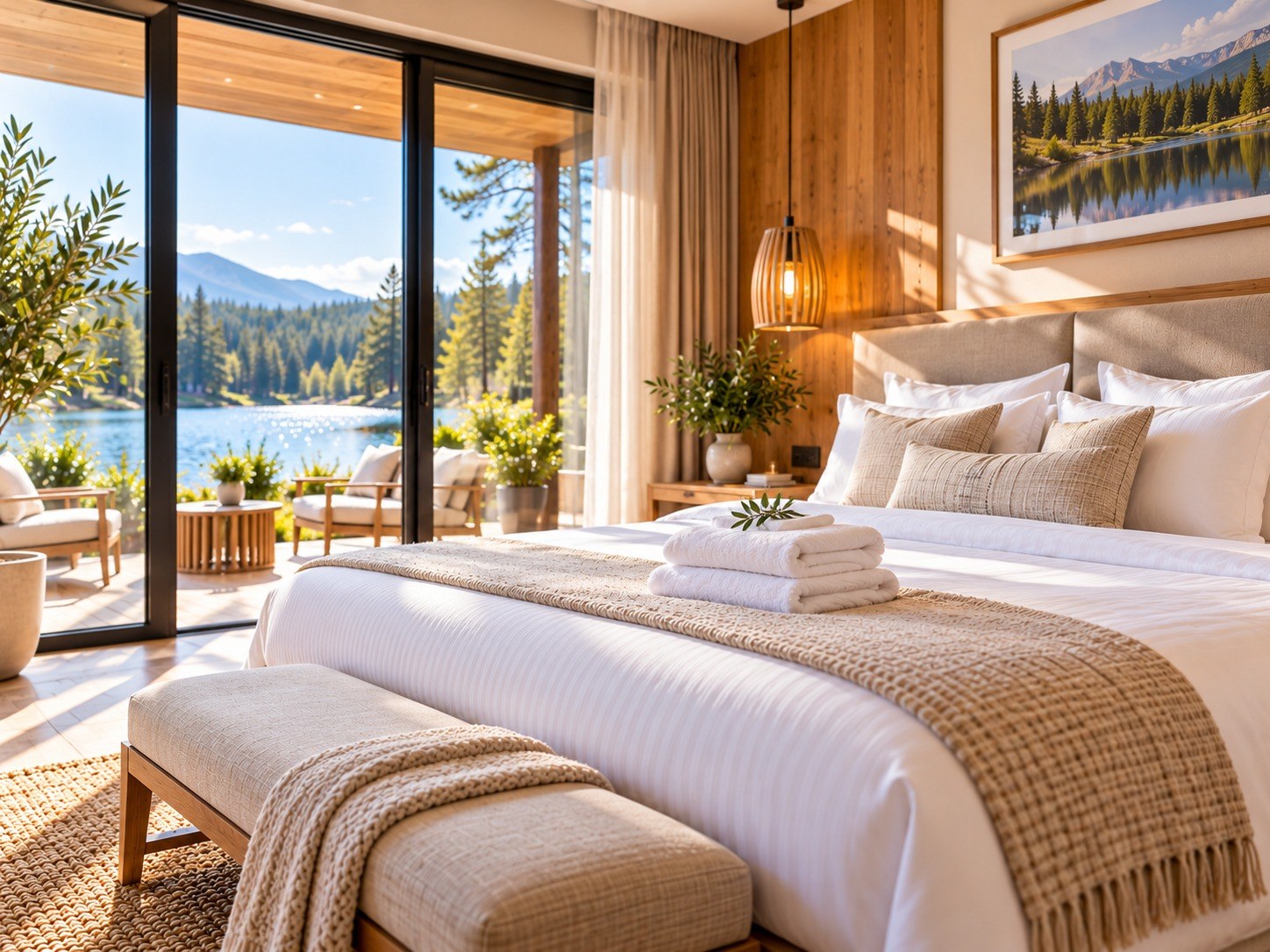 Opgemaakt bed met schone handdoeken